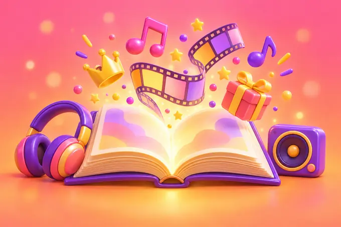 Işık saçan açık bir hikâye kitabından yükselen müzik notaları, film şeridi, taç ve hediye kutusu
