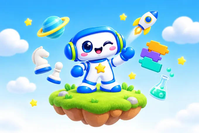 Trobot, gezegen, roket, satranç taşları, kodlama blokları ve deney şişesiyle çevrili uçan bir adada el sallıyor